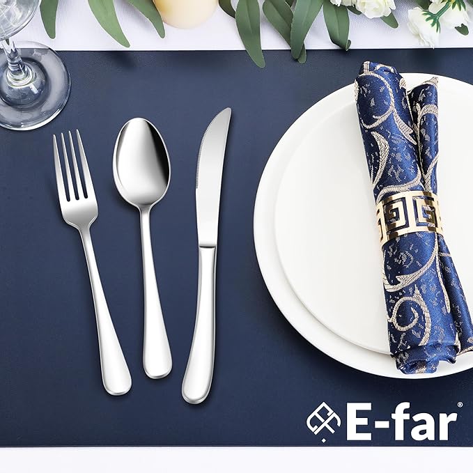 E-far Heavy Duty Silverware Set for 12, 60-Piece Stainless Steel Flatware Cutlery Set, Thick Metal Eating Utensils Including Forks and Spoons Knife, Heavy Weight & Mirror Finish, Dishwasher Safe