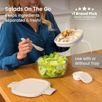 Bentgo Glass Salad Container - 7.6-Cup Salad Bowl with Airtight Lid, Leak-Proof Sauce Container, 4-Compartment Bento Tray & Reusable Fork - BPA-Free for Meal Prep, Office & More (White Stone Tan)