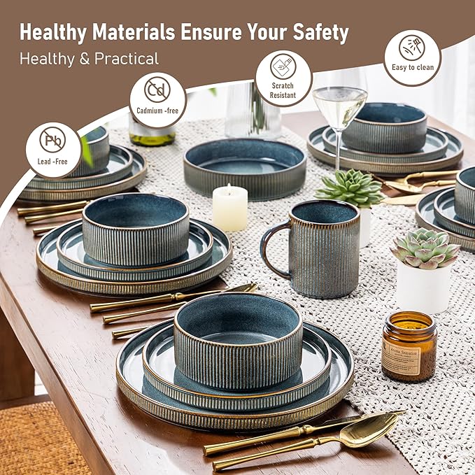 GBHOME 24-Piece Stoneware Dinnerware Set for 8 – Ribbed Ceramic Plates and Bowls, Scratch-Resistant, Microwave & Dishwasher Safe, Reactive Glaze, Reactive Glaze Teal