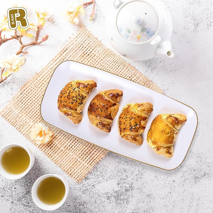 R-kay 4 Pack Gold Rim Plastic Serving Trays - 10 by 5.5 in Heavy Duty Rectangular Platters for Food and Desserts - Premium White Party Trays