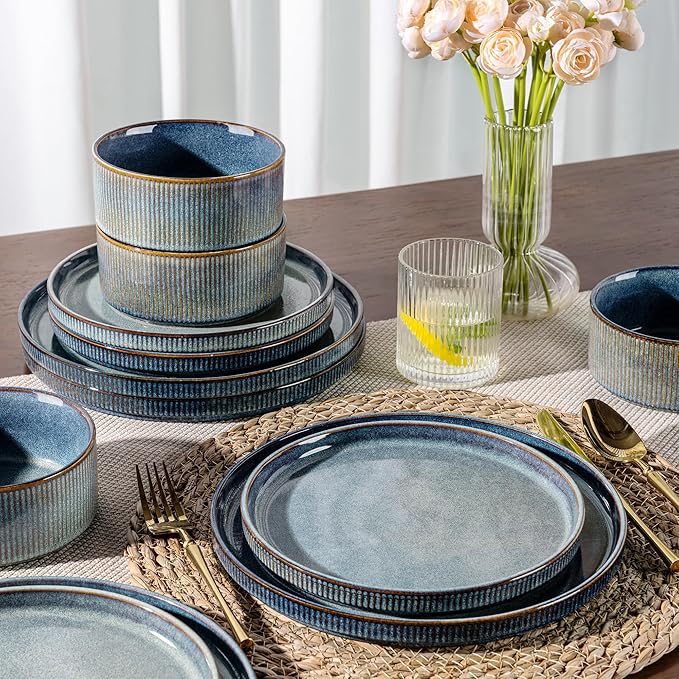 GBHOME 24-Piece Stoneware Dinnerware Set for 8 – Ribbed Ceramic Plates and Bowls, Scratch-Resistant, Microwave & Dishwasher Safe, Reactive Glaze, Ceylon Blue