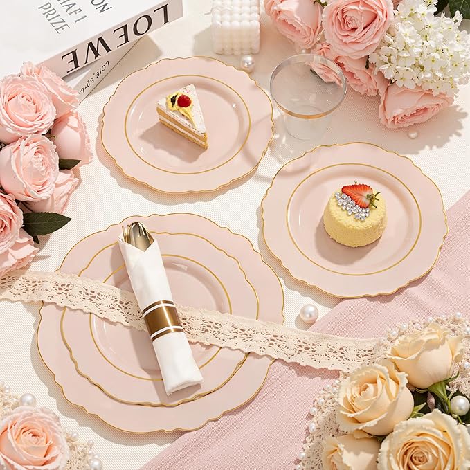Liacere 350PCS Pink Plates Disposable-PinK Plates 50guest Baroque Plastic Dinnerware include 100Plates, 50Pack Pre Rolled Napkins with Silverware 50Cups Perfect for Wedding ＆ Party & Mothers Day