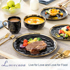 LOVECASA 16 Pieces Plates and Bowls Sets, Porcelain Black and Gold Dinnerware Sets, Round Dinner Plates Dishes Set Service for 4, Dishwasher Safe and Scratch Resistant, Black