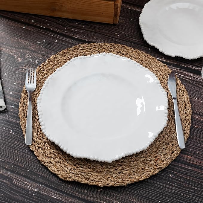 Creamy Beaded Melamine Dinnerware Sets, Set of 6,18 piece Farmhouse Plates and Bowls Set, Lightweight, BPA-Free Scalloped Rim Dishes Dinner Serving Set for Indoor & Outdoor Use, off-white