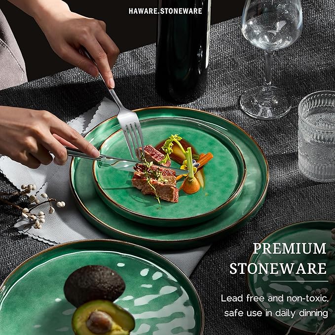 HaWare Dinnerware Sets, 18-Piece Plates and Bowls Set, Stoneware Dish Set for 6, Ceramic Dinnerware for Home Restaurant, Chip and Scratch Resistant, Microwave and Dishwasher Safe, Reactive Green