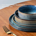 GBHOME 12-Piece Stoneware Dinnerware Set for 4 – Ribbed Ceramic Plates and Bowls, Scratch-Resistant, Microwave & Dishwasher Safe, Reactive Glaze, Ceylon Blue