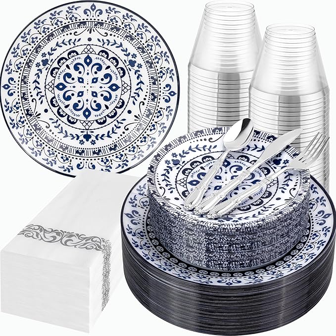 Hioasis 175PCS Blue Plastic Plates - Floral Disposable Dinnerware Set for 25 Guests, Include 50 Dinner & Dessert Plates, 75 Silver Cutlery, 25 Napkins, 25 Cups Perfect for Party (Traditional Style)