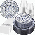 Hioasis 175PCS Blue Plastic Plates - Floral Disposable Dinnerware Set for 25 Guests, Include 50 Dinner & Dessert Plates, 75 Silver Cutlery, 25 Napkins, 25 Cups Perfect for Party (Traditional Style)