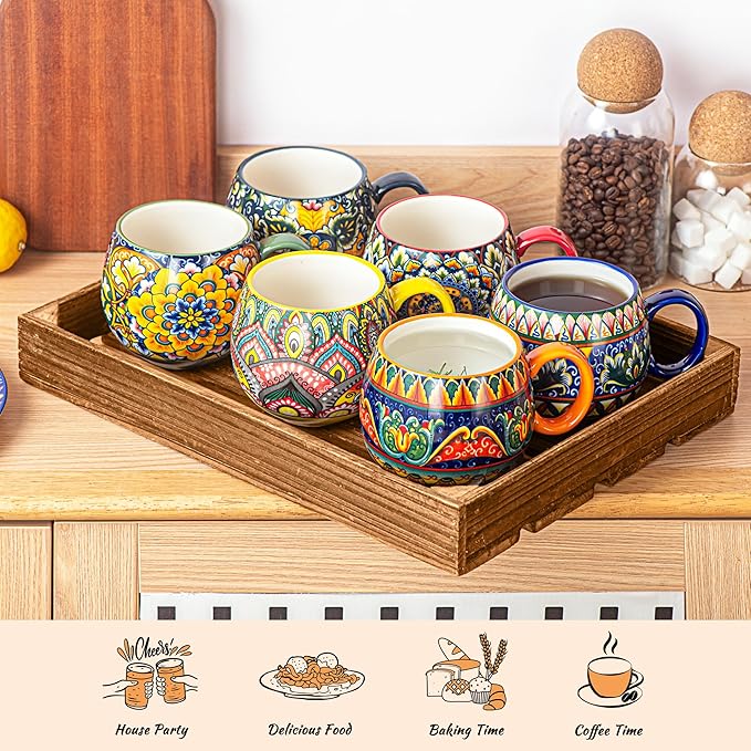 Henten Home Ceramic Coffee Mug Set of 6, 20 oz Colorful Coffee Cup with Handle, Boho Porcelian Mug for Cappuccino, Latte, Tea, Hot Chocolate, Cocoa, Microwave & Dishwasher Safe