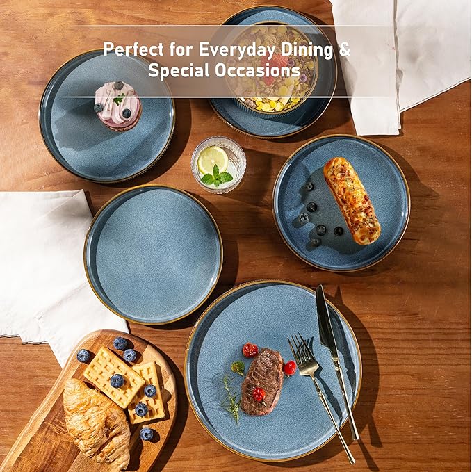 GBHOME 24-Piece Stoneware Dinnerware Set for 8 – Ribbed Ceramic Plates and Bowls, Scratch-Resistant, Microwave & Dishwasher Safe, Reactive Glaze, Reactive Glaze Teal