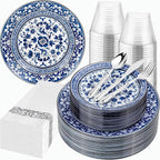 Hioasis 175PCS Blue Plastic Plates - Floral Disposable Dinnerware Set for 25 Guests, Include 50 Dinner & Dessert Plates, 75 Silver Cutlery, 25 Napkins, 25 Cups Perfect for Party (Art Style)