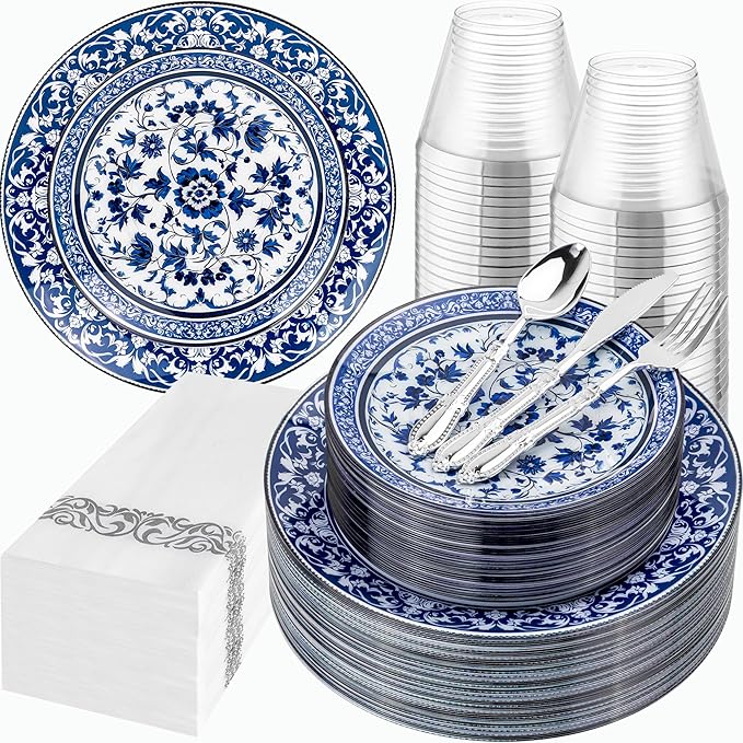 Hioasis 175PCS Blue Plastic Plates - Floral Disposable Dinnerware Set for 25 Guests, Include 50 Dinner & Dessert Plates, 75 Silver Cutlery, 25 Napkins, 25 Cups Perfect for Party (Art Style)