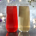 Oojami 48 Pack Ribbed Origami Ripple Plastic Glasses, 24 Stemless 9oz Champagne Flutes & 24 12oz Cups - Reusable BPA-Free Shatterproof Disposable Drinkware for Wedding Party Bar (Clear)