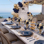 KIRE 140Pcs Blue Plastic Plates with Gold Rim - Gold Disposable Plastic Silverware with Blue Handle&Clear Cups&Hand Napkin - Geometric Party Plates for Passover/Party/Graduation