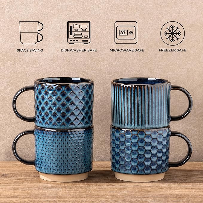 GBhome 6 OZ Stackable Coffee Mugs, Ceramic Coffee Mugs with Texture Patterns for Man,Woman,Dad,Mom, Modern Coffee Cups Set of 4 for Espresso/Cappuccino. Dishwasher&Microwave Safe
