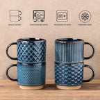 GBhome 15OZ Stackable Coffee Mugs, Ceramic Coffee Mugs with Texture Patterns for Man,Woman,Dad,Mom, Modern Coffee Mugs Set of 4 for Latte/Cappuccino/Cocoa. Dishwasher&Microwave Safe,