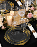 Nervure 175PCS Black Plastic Plates - Disposable Black Gold Party Plates & Pre Rolled Napkins with Cutlery for 25 Guests, 50Plates, 75Silverware, 25Cups, 25Napkin for Wedding & Party