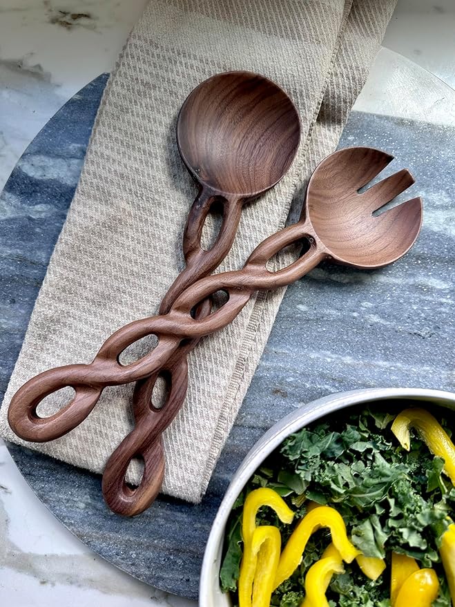 Salt & York Handcrafted Walnut Salad Tongs – Wooden Serving Utensils for Tossing & Serving Salad or Pasta – Natural Wood Kitchen Tools & Gift for Home Entertainers
