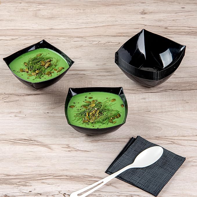 Restaurantware Moderna 8 Ounce Fancy Plastic Bowls 10 Square Disposable Salad Bowls - Durable Heavy-duty Black Plastic Bowls For Warm And Cold Foods