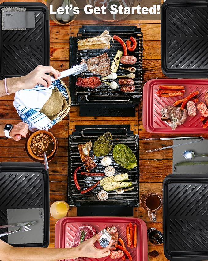 Czlizdyt Grilling Prep and Serve Trays, BBQ Platter for Raw and Cooked Food, Melamine Serving Trays for Food, Set of 2, Black and Red, Napkin and Cleaning Clothes Included
