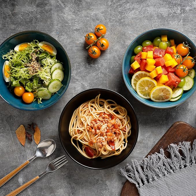 Selamica Ceramic Pasta Bowls Set of 4,Stackable Serving Bowl, Microwave Dishwasher Safe, Matte Black