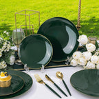 DaYammi 150Pcs Green Plastic Plates with Gold Rim,Gold and Green Disposable Plates with Cutlery Included 30 Dinner Plate,30 Dessert Plate,30 Knives,30 Forks,30 Spoon, green plates for Party Dinner