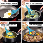 Zulay Kitchen Non-Stick Cooking Utensils Set with Authentic Acacia Wood Handles – 5-Piece Durable & Stylish Silicone Kitchen Utensils Set – Heat Resistant to 464°F – Blue