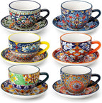 vancasso 8 oz Cappuccino Cups with Saucers Set of 6, Bohemian Ceramic Coffee Cup for Latte, Tea, Espresso, Microwave & Dishwasher Safe - Porcelain Latte Mugs for Kitchen or Cafe