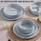 E-far Dinnerware Sets with Pasta Bowls, 24-Piece Stoneware Plates and Bowls Sets for 6 | Microwave & Dishwasher Safe Kitchen Modern Dish Set, Speckled Gray