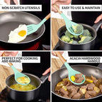 Zulay Kitchen Non-Stick Cooking Utensils Set with Authentic Acacia Wood Handles – 5-Piece Durable & Stylish Silicone Kitchen Utensils Set – Heat Resistant to 464°F – Aqua