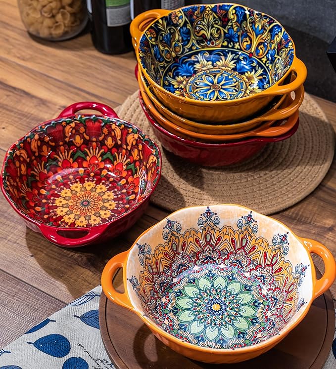 Boho Ceramic Serving Bowls with Handles Set of 2, Ceramic Large Serving Bowls, 40 Oz Porcelain Salad Bowls, Large Serving Dishes for Entertaining, Nesting Mixing Bowls for Soup,Stew,Fruits,Dinner