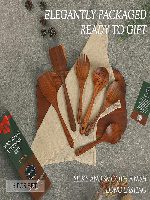 6-Piece Natural Teak Wood Utensil Set - Compact Nonstick Cooking Spoons & Spatulas, Durable Wooden Tools