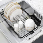 romision Expandable Dish Drying Rack Over The Sink Small Metal Stainless Steel Plate Holder for Compact Kitchen, Space Saving Modern Black Hanging Drainer