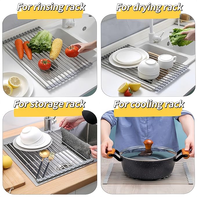 Roll Up Dish Drying Rack, 17.7" x 11.8" Over The Sink Dish Drying Rack, Kitchen Dish Rack Foldable Dish Drainer, Stainless Steel Dish Drying Rack for Kitchen Sink Counter Storage (Grey)