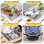 Roll Up Dish Drying Rack, 17.7" x 11.8" Over The Sink Dish Drying Rack, Kitchen Dish Rack Foldable Dish Drainer, Stainless Steel Dish Drying Rack for Kitchen Sink Counter Storage (Grey)