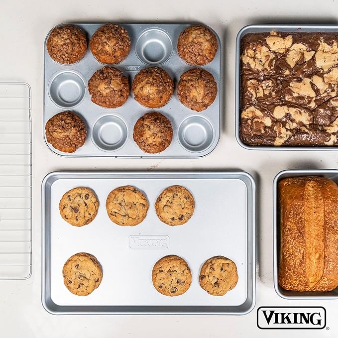 Viking Premium Nonstick Ceramic Baking Sheet Pan Set, Made without PFAS, 3-Piece Heavy Gauge Aluminized Steel Cookie Sheets with Reinforced Iron Frame, 9 and 13-Inch Baking Pans, Oven Safe to 475F