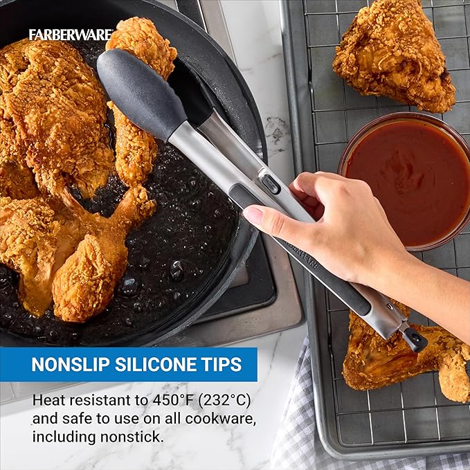 Farberware Silicone-Tipped Locking Kitchen Tongs – Heat Resistant, Nonstick Safe, Ergonomic Handle, Scalloped Tips, Durable and Dishwasher Safe, 12 Inch