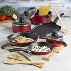 Ecolution Easy Clean Nonstick Cookware Set, Dishwasher Safe Kitchen Pots and Pans Set, Comfort Grip Handle, Even Heating, Ultimate Food Release, 12-Piece, Red