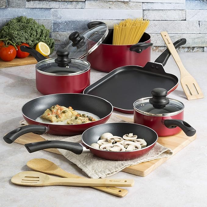 Ecolution Easy Clean Nonstick Cookware Set, Dishwasher Safe Kitchen Pots and Pans Set, Comfort Grip Handle, Even Heating, Ultimate Food Release, 12-Piece, Red