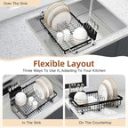 romision Expandable Dish Drying Rack Over The Sink Small Metal Stainless Steel Plate Holder for Compact Kitchen, Space Saving Modern Black Hanging Drainer