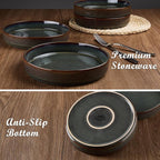 E-far Pasta Bowls Set of 6, 35oz Large Salad Bowl Plate for Dinner Serving, Wide & Shallow Ceramic Stoneware Pasta Plates, Microwave & Dishwasher Safe, Reactive Glaze Textured Stripes, Blackish Green