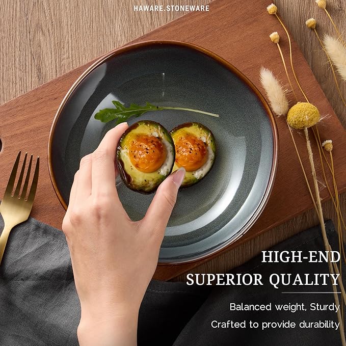 HaWare Plates and Bowls Set, Stoneware Dinnerware Sets, 16-Piece Hand-painted Dishware for 4, Ceramic Dish Set for Home Kitchen, Scratch Resistant, Microwave and Dishwasher Safe, Reactive Moss Green