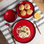 LEHAHA Melamine 12-Piece Modern Dinnerware Set, Kitchen Plates and Bowls Sets, Luxury 2 tone Red and Black Ceramic look Dish Set for 4.Christmas Luxury dinnerware dishes set.
