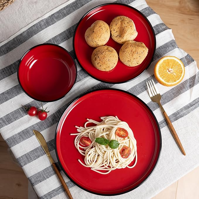 LEHAHA Melamine 12-Piece Modern Dinnerware Set, Kitchen Plates and Bowls Sets, Luxury 2 tone Red and Black Ceramic look Dish Set for 4.Christmas Luxury dinnerware dishes set.