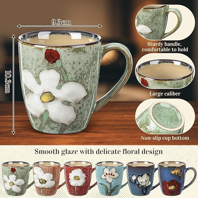 Maxdot 6 Pcs 12oz Ceramic Coffee Mugs Sets Glazing Process Cappuccino Mug Floral Ceramic Tea Cups Mother's Day Idea Gift for Women Mom Porcelain Cup for Coffee, Cocoa, Tea, Latte (Retro)