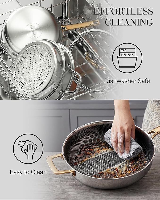 FogDream Titanium Non Stick Frying Pan, 10in Tri-Ply Stainless Steel Deep Saute Pan, All-in-One Cookware Set with Stainless Lid, Stay Cool Handle, Dishwasher & Oven-Safe,Induction Compatible,Gold