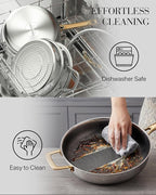 FogDream Titanium Non Stick Frying Pan, 10in Tri-Ply Stainless Steel Deep Saute Pan, All-in-One Cookware Set(Spatulas&Steamer), Stay Cool Handle, Dishwasher & Oven-Safe,Induction Compatible,Gold