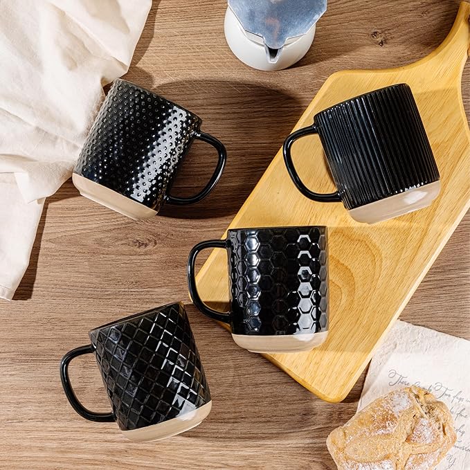 GBhome Coffee Mugs Set of 4, 12oz Handmade Stoneware Coffee Mugs Set with Large Handle for Cappuccino/Latte/Tea/Hot Cocoa, Dishwasher & Microwave Safe, Black