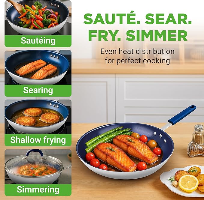 NutriChef 10'' Medium Fry Pan with Lid - Non-stick Pan with Silicone Handle, Ceramic Coating Inside