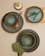 Pokini 24 Piece Dinnerware Sets for 8, Modern Stoneware Plates and Bowls Setst, Perfect for Family Gatherings & Holiday Celebrations, Easy Cleaning Dishes Set, Stack Compactly Dishware, Brown Green